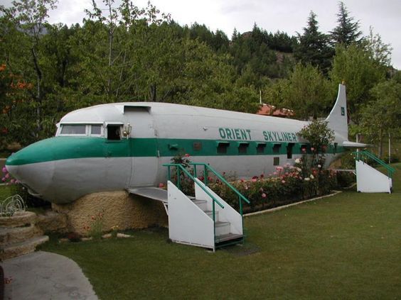 Shangri La Hotel.Skardu- Pakistan. The registration of this C-47/DC-3 Dakota is AP-AAF and it belonged to Orient Airways. On October 13, 1954, on flight from Skardu to Rawalpindi a city near Islamabad after take-off, crash near Indus river bed. Fortunately everyone aboard the aircraft survived the accident.The aircraft was purchased by Shangrila Resort owner, moved to its current location and converted into a cafe.: 