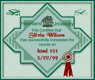 Heartland University Certificate for Completing HTML 101 Course