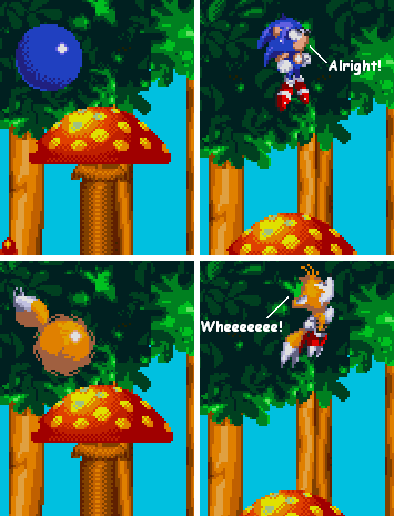 Sonic and Tails jump on mushrooms