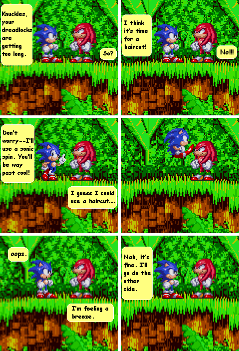 Sonic cuts Knuckles' dreadlocks
