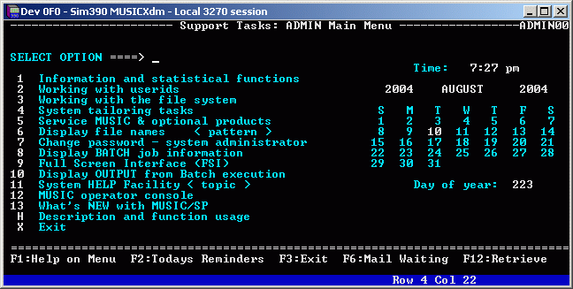 MUSIC/SP Admin menu screen