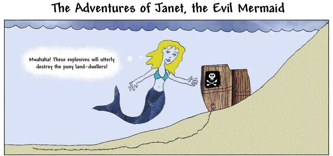'Janet' is self-explanatory really. I can't remember how I dreamt up the idea of an evil mermaid, but the first picture of her (used here in Frame 1) was drawn at work on a very boring day.