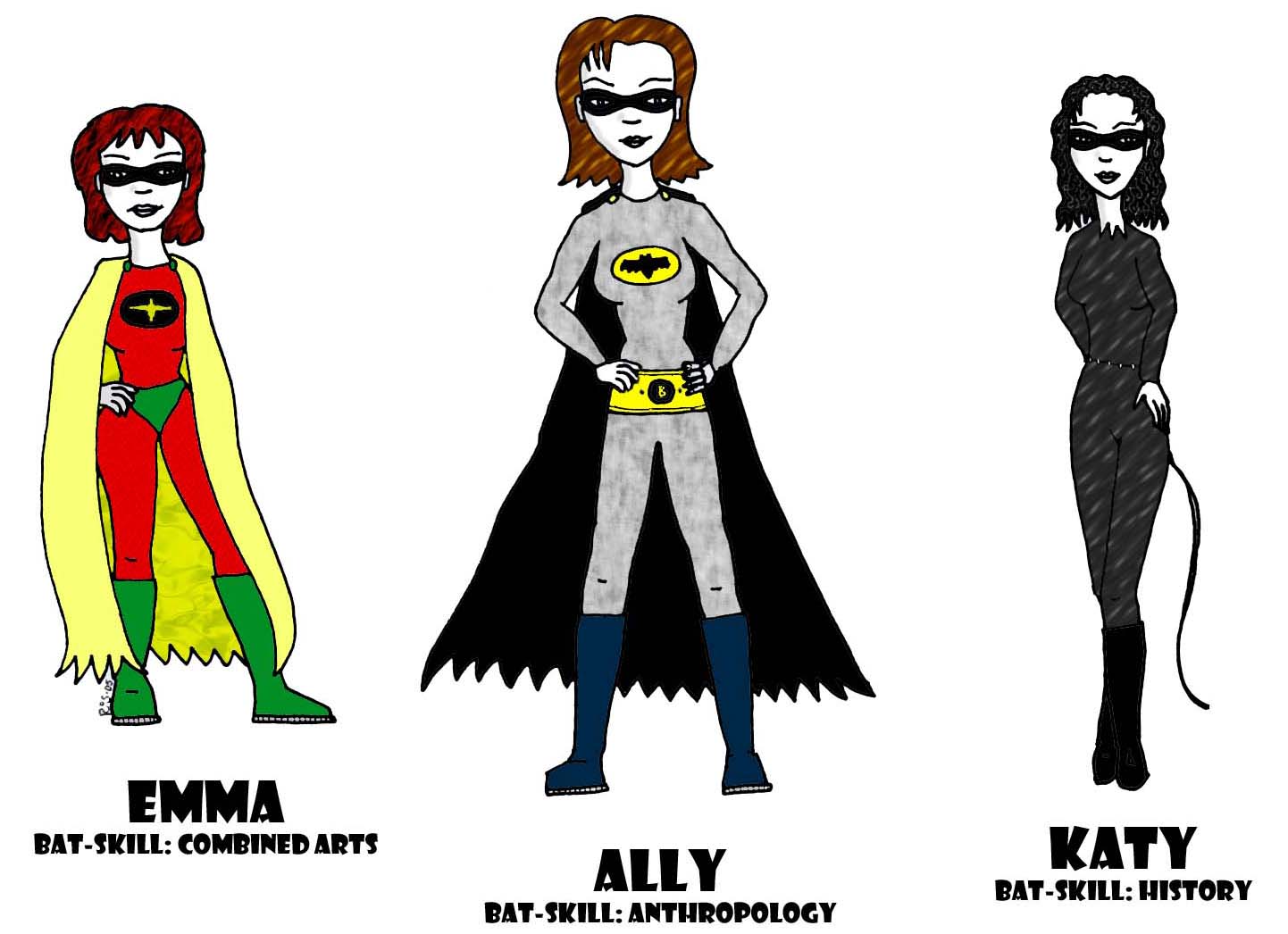 This is of my girlfriend Katy and her two room-mates. They had to share a very small room for a term at university which they nicknamed 'The Batcave,' and I did this for their front door. (Drawn February 2005)