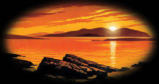 Special Illustration of Sinking Sun behind Hoy, commissioned by Highland Distillers