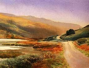 Painitng of Mishnish Lochs by Angus Stewart, Courtesy of Angus Stewart's Breadalbane Street Studio, Isle of Mull