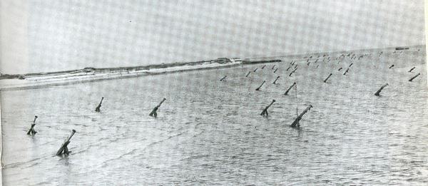 Beach defenses on the Atlantic Wall. Mines attached to the ends of these hedgehogs caused significant damage to the Allied landing craft