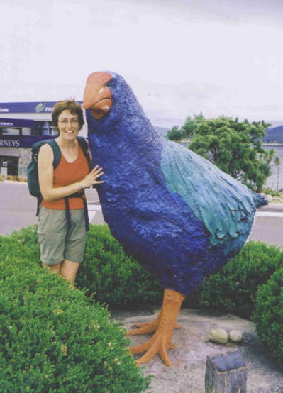 Angela with giant Takahe, Te Anau, Fiordland