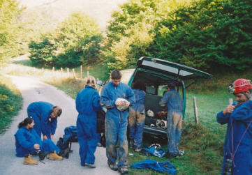 preparing for caving, jim on far right