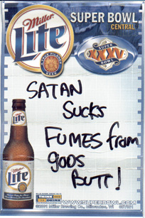 Satan sucks fumes from god's butt!