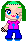 I couldn't figure out if it was a guy or a girl, so I put pink on it. Fuzzy said that only real men can wear pink, so I thought it would work. He's supposed to be crying, I think. It's a messed up tear. He has lipstick on, yes. Okay, he's a girl. messed up one. Those are supposed to be spikes on his hand. Green hair and blue eyes. Interesting. It's a cross on his necklace, not a man. I know. It's hard to draw a small cross. I hope you guys like it.