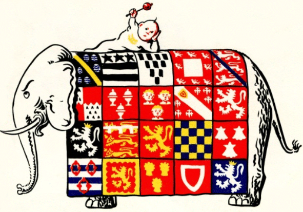 kwarterings van lord Mowbray and Stourton op �n olifantkleed vertoon