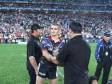 click 2 enlarge ....... a relieved Warriors fullback Ivan Cleary is congratulated after the final whistle by coaching staff for a great effort