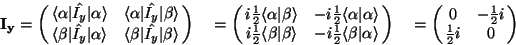\begin{displaymath}\bf I_y=\left(\matrix{\langle\alpha \vert\hat{I_y}\vert\alpha...
...\left(\matrix{0 & -\frac{1}{2}i \cr
\frac{1}{2}i&0\cr}\right)\end{displaymath}