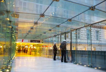 Overhead walkway connecting a shopping centre across the street