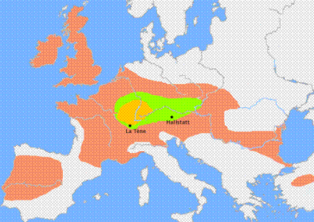 Extent of Celtic culture in 1000 BC (green) and 800-400 BC (orange)