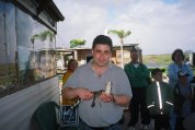 With its mouth held shut by a rubber band, Seth works up the courage to play with a baby alligator.