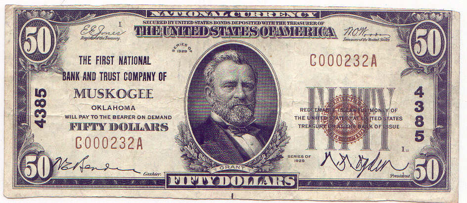 $50 note First National Bank, Muskogee, OK 1929