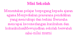 Text Box: Misi SekolahMenentukan pelajar berpegang kepada ajaran agama Menyediakan prasarana pendidikan yang mencukupi dan terkini Berusaha mencapai kecemerlangan kurikulum dan kokurikulumMewujudkan sekolah berwatak nilai-nilai murni