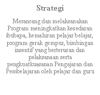 Text Box: StrategiMerancang dan melaksanakan Program meningkatkan kesedaran ibubapa, kemahiran pelajar belajar, program gerak gempur, bimbingan insentif yang berterusan dan pelaksanaan serta pengkuatkuasanan Pengajaran dan Pembelajaran oleh pelajar dan guru