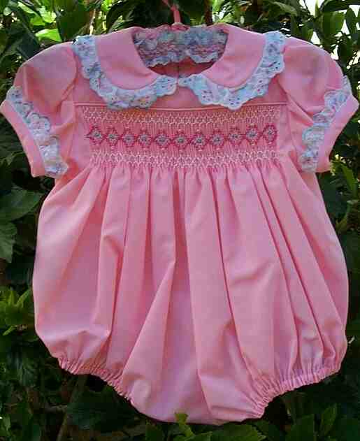 Pink, smocked, beaded, embroidered rompers