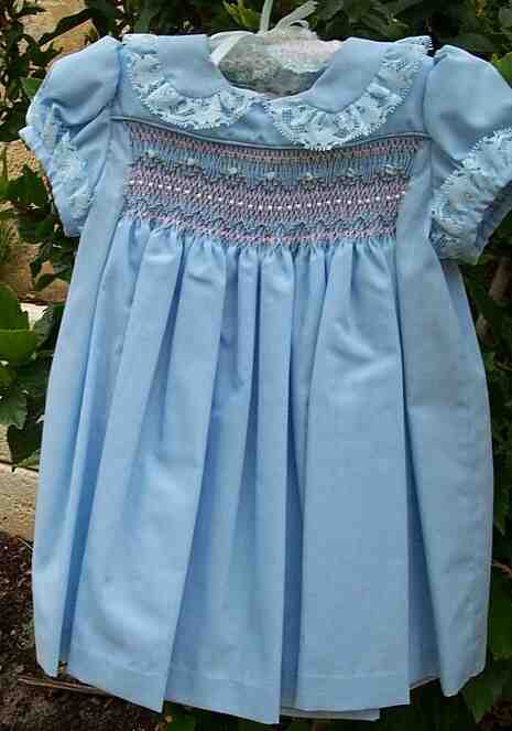 Blue, smocked, beaded, embroidered dress