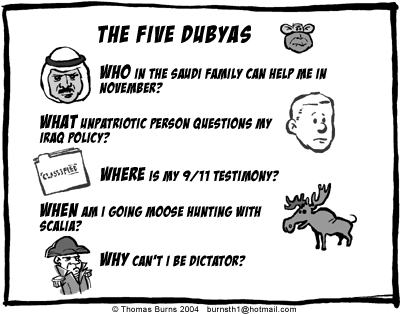 GWB saying, Who in Saudi royal family can help me, What unpatriotic person questions my Iraq policy, Where is my 9/11 testimony?, When am I going moose hunting with Scalia, Why can't I be dictator?