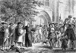 Martinho Lutero em frente da igreja do castelo de Wittenberg, ap�s ter afixado as 95 Teses.