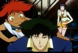 Spike, Ed and Faye stare at the screen.