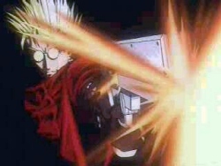 Vash fires at an unseen enemy.