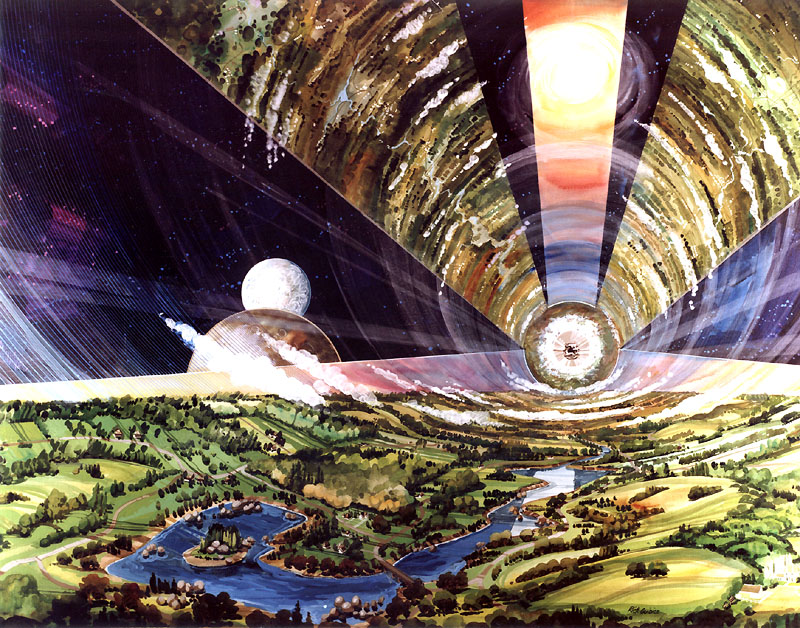 The interior of a large space colony