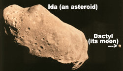 The asteroid Ida has its own moon called Dactyl. Dactyl is approx. 1.4 km wide