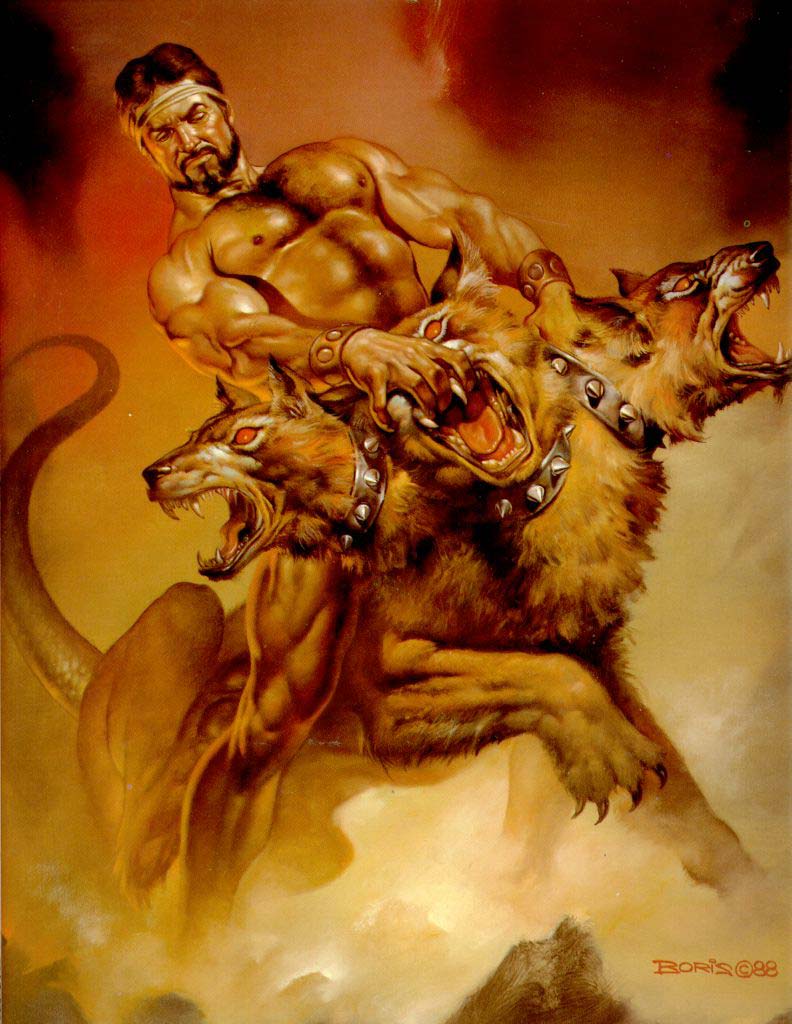 "Hercules wrestling with Cerberus" by Boris Vallejo