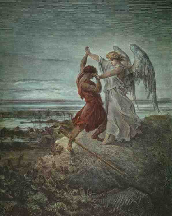 Jacob wrestling with the Angel of the Lord.