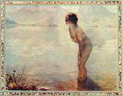 Matin�e de Septembre - September Morn, completed by Paul Chabas on a September morn in 1912.  It depicts a lovely young lady rising from an early morning dip in the lake. It captures the beauty of sunrise as well as the appeal of a shy, modest woman.  On another September morn in 1951, the soul that was soon to arrive on Earth must have felt as vulnerable as the young woman appears here.  On another September morn in 2001, 50 years later,  the world was to feel as vulnerable.  Schoolroom Earth is not for the faint-hearted.  It is the (temporary) home of the brave.   