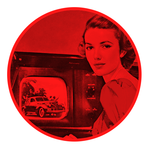 1950s gal watching tv, but engaging with person viewing her