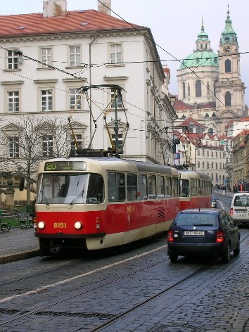 a tram on Karmelitska in the Mala Strana