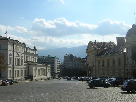 golden cobbles on Tsar Osvoboditel, with the slopes of Mount Vitosha in the distance