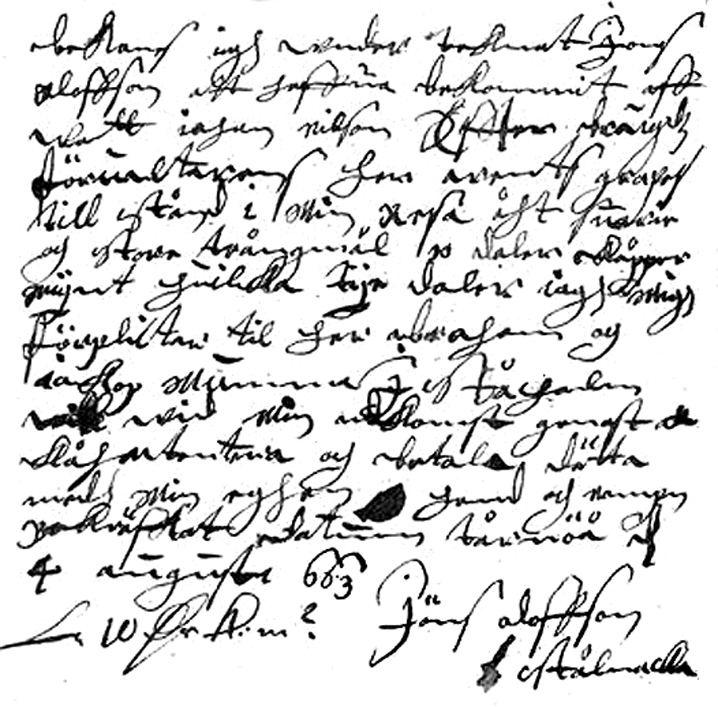 H�r nedan ser vi gruvfogden J�ns Olofsson St�lnackas skuldebrev till patronerna Momma i Stockholm omkring 1663
