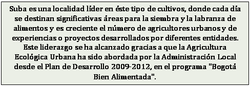 Cuadro de texto: Suba es una localidad l�der en �ste tipo de cultivos, donde cada d�a se destinan significativas �reas para la siembra y la labranza de alimentos y es creciente el n�mero de agricultores urbanos y de experiencias o proyectos desarrollados por diferentes entidades. Este liderazgo se ha alcanzado gracias a que la Agricultura Ecol�gica Urbana ha sido abordada por la Administraci�n Local desde el Plan de Desarrollo 2009-2012, en el programa "Bogot� Bien Alimentada".