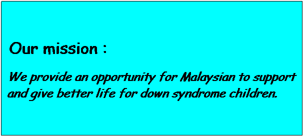 Text Box: &nbsp;Our mission : 
We provide an opportunity for Malaysian to support and give better life for down syndrome children.
