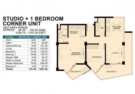 Studio + 1 Bedroom Corner Unit
