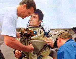 Timothy Dalton fits on the cosmonaut's costume
