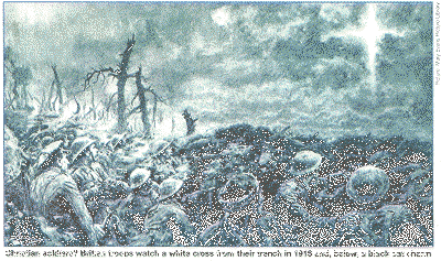 Christian soldiers? British troops watch a white cross from their trench in 1916 and, below, a black cat charm          
