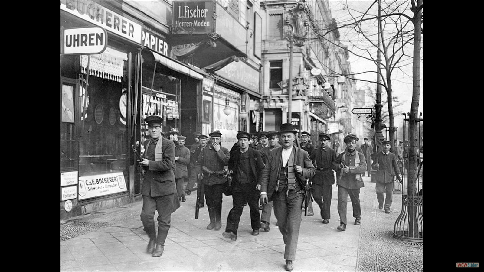 Armed revolutionary soldiers, sailors, and civilians are photographed on November 8, 1918 in Berlin