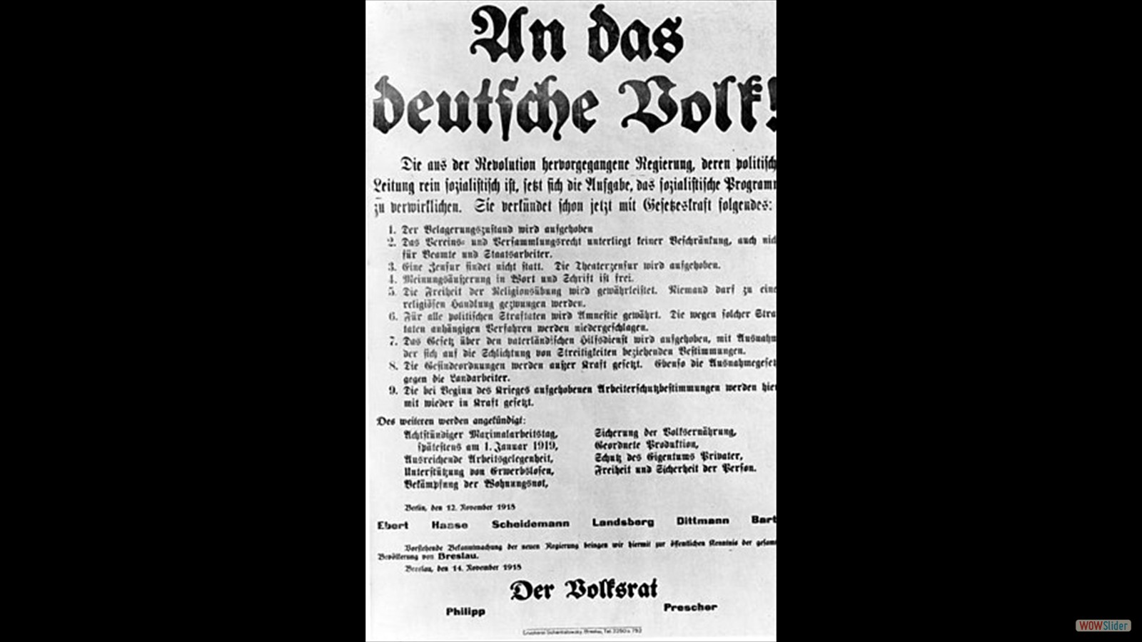 Announcement poster of the revolutionary government of November 12, signed by the representative of the Revolutionary Stewards, Emil Barth.