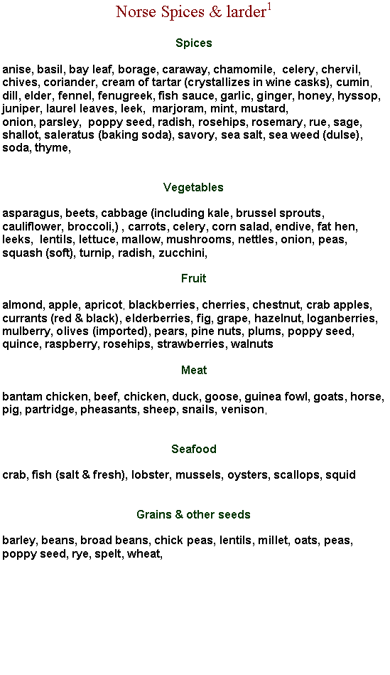 Text Box: Norse Spices & larder1Spices&nbsp;anise, basil, bay leaf, borage, caraway, chamomile,&nbsp; celery, chervil, chives, coriander, cream of tartar (crystallizes in wine casks), cumin, dill, elder, fennel, fenugreek, fish sauce, garlic, ginger, honey, hyssop, juniper, laurel leaves, leek,&nbsp; marjoram, mint, mustard, onion,&nbsp;parsley,&nbsp; poppy seed, radish, rosehips, rosemary, rue, sage, shallot, saleratus (baking soda), savory, sea salt, sea weed (dulse), soda, thyme, &nbsp;&nbsp;&nbsp;Vegetables&nbsp;asparagus, beets, cabbage (including kale, brussel sprouts, cauliflower, broccoli,) , carrots, celery, corn salad, endive, fat hen, leeks,&nbsp; lentils, lettuce, mallow, mushrooms, nettles, onion, peas, squash (soft), turnip, radish, zucchini,&nbsp;&nbsp;Fruit&nbsp;almond, apple, apricot, blackberries, cherries, chestnut, crab apples, currants (red & black), elderberries, fig, grape, hazelnut, loganberries, mulberry, olives (imported), pears, pine nuts, plums, poppy seed, quince, raspberry, rosehips, strawberries, walnuts&nbsp;Meat&nbsp;bantam chicken, beef, chicken, duck, goose, guinea fowl, goats, horse, pig, partridge, pheasants, sheep, snails, venison,&nbsp;&nbsp;&nbsp;Seafood&nbsp;crab, fish (salt & fresh), lobster, mussels, oysters, scallops, squid&nbsp;&nbsp;&nbsp;&nbsp;&nbsp;Grains & other seeds&nbsp;barley, beans, broad beans, chick peas, lentils, millet, oats, peas, poppy seed, rye, spelt, wheat,&nbsp;&nbsp;