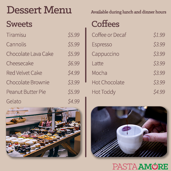 Dessert Menu Pasta Amore