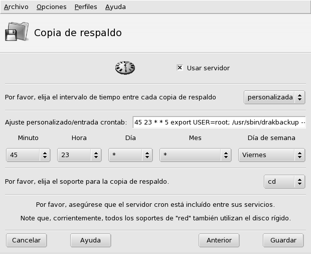 Ventana de opciones del servicio