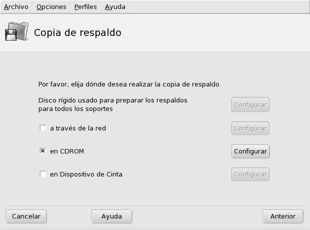 Seleccionando dónde almacenar la copia de respaldo