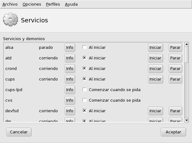 Eligiendo los servicios disponibles al momento del arranque